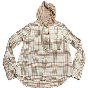 C&C California Button Down Hooded Flannel Shirt Womens Sz Medium Tan 89B02025T